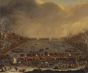 Feria de Hielo en el Támesis, con el Puente de Londres Antiguo en la Distancia